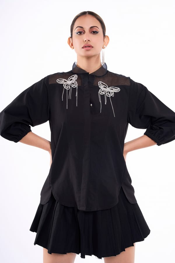 Black Embellished Mandarin Collar Shirt with Sheer Yoke — KOR