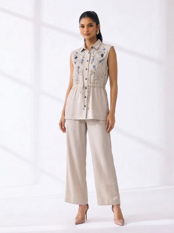Beige Embroidered Sleeveless Shirt and Pant Co-ord Set — THE LUXURY DRESSING