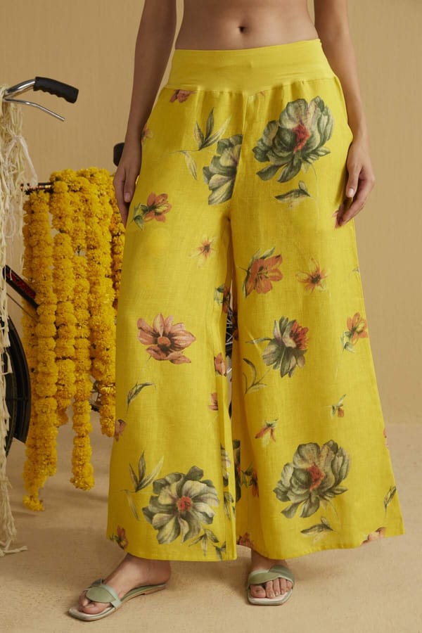 Bumblebee Yellow Linen Floral Palazzo Pants — YELL