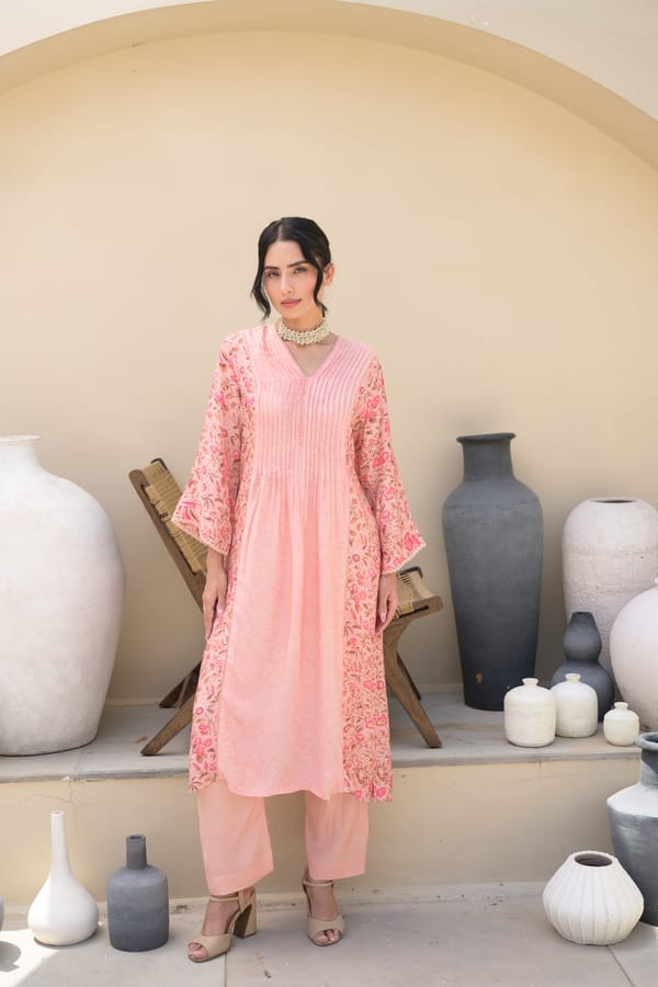 Peach Pintux Floral Jaal Print Muslin Set — MAHEE JAIPUR
