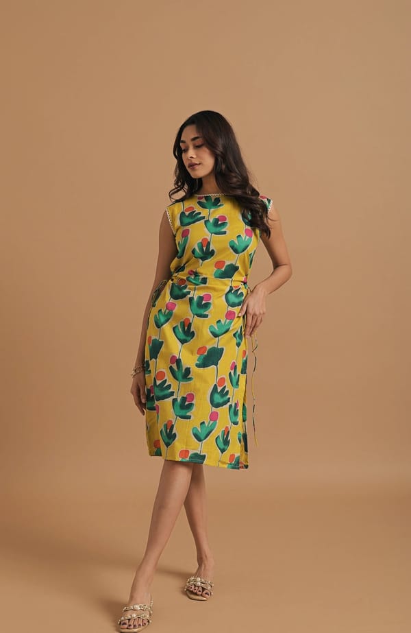 Mustard Yellow Printed Wrap Dress with Side Slit — KM Label