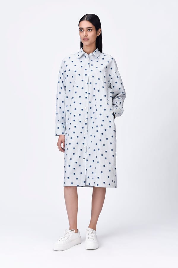 Taupe/Blue Pinstripe Print Cotton Poplin Shirt Dress — Genes Lecoanet Hemant