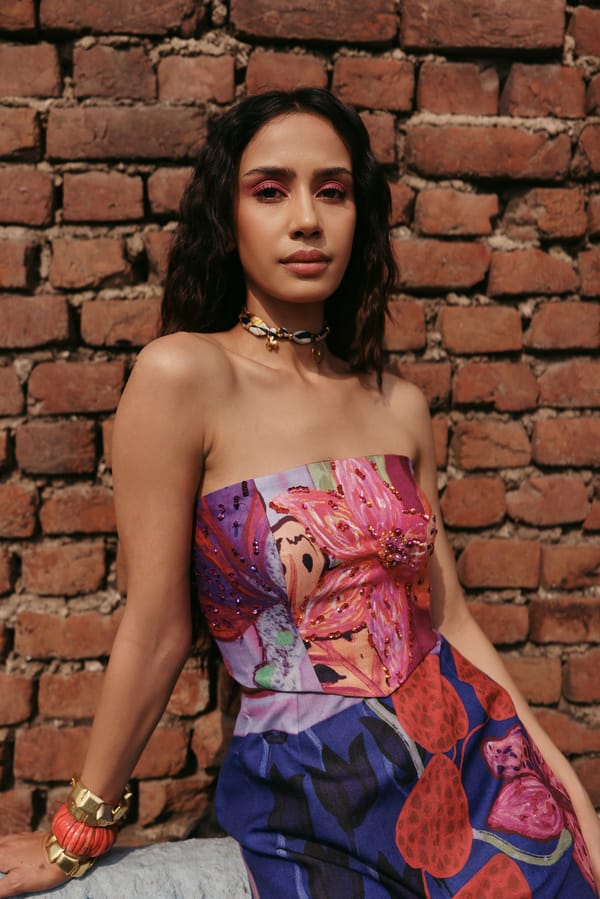 Multicolor Strapless Printed Corset Top with Lace-Up Back — Zip by Payal Zinal
