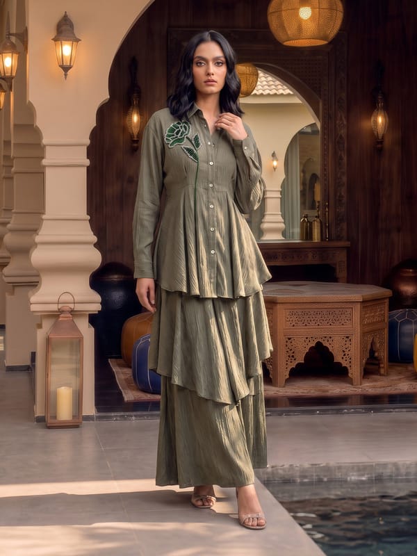 Olive Green Crinkle Satin Layered Wide-Leg Trousers — HOUSE OF FETT