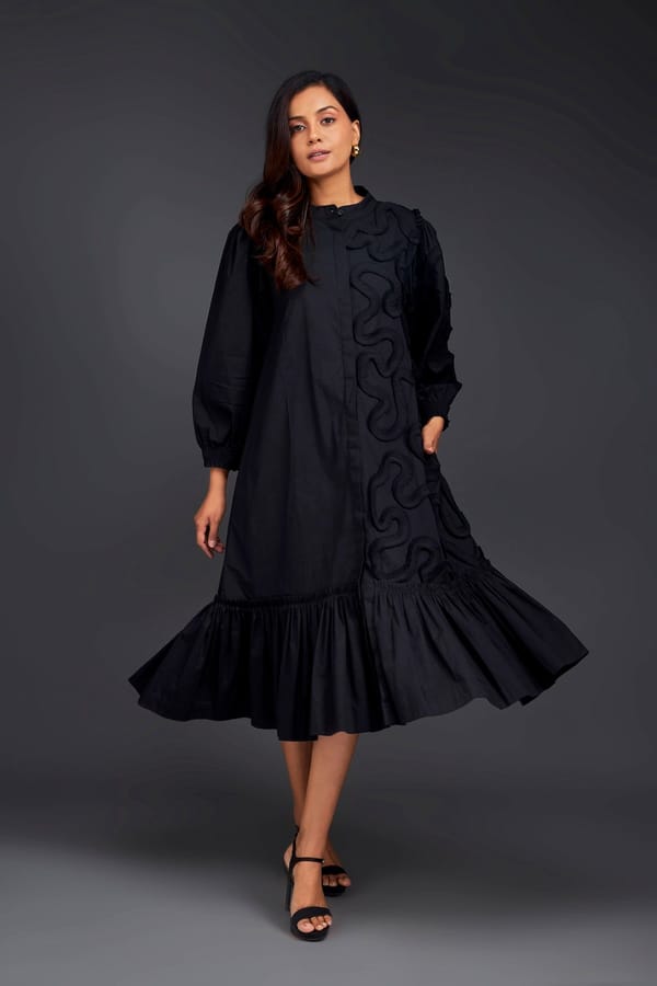 SHIRT DRESS WITH PLEATED FRILL DETAILING ON ONE SIDE — Deepika Arora