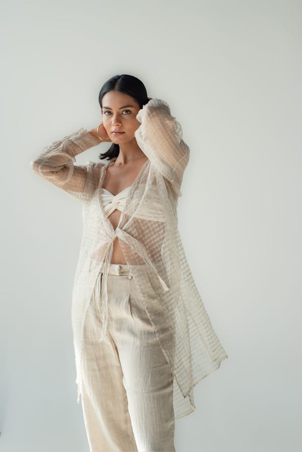 Natural Sheer Longline Linen Shrug with Tie-Up — MAGIA