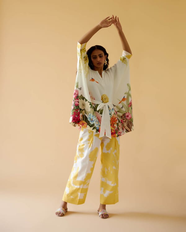 Ivory/Yellow Printed Linen Wide-Leg Trousers — Moh India