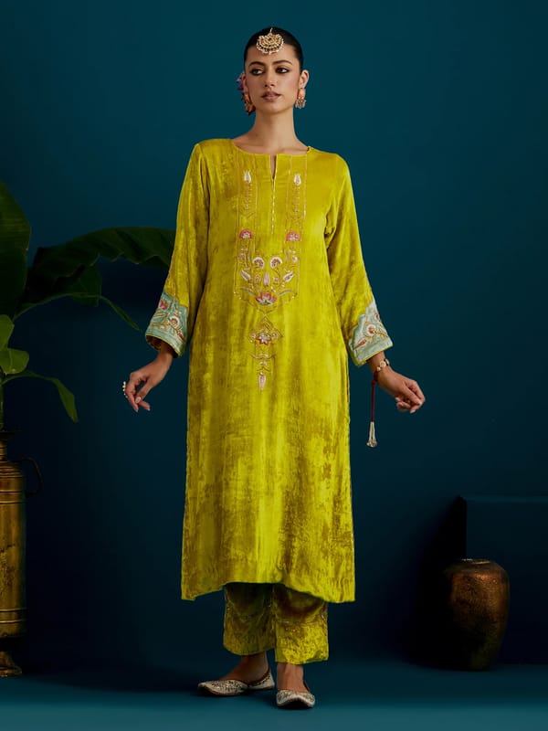 Lime Green Velvet Notched Neck Embroidered Kurta Set — Anantaa