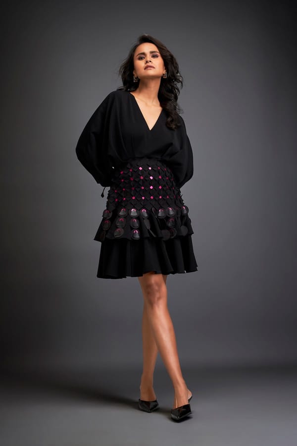 Dress With Layered Skirt With 3-D Accents — Deepika Arora