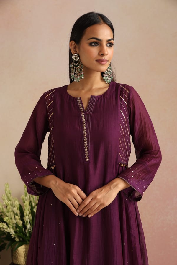 Baingani Silk Chanderi Embroidered A-Line Kurta Set — Trendy Tokari