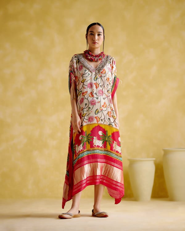 Fushia Printed Modal Satin Kaftan with Embellished V-Neck — 5 Elements