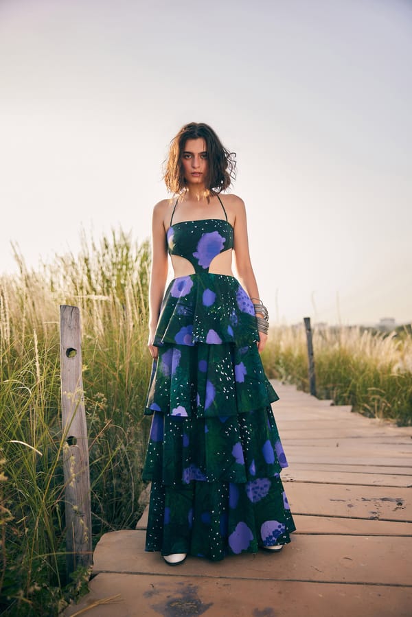 Purple/Dark Green Halter Neck Tiered Maxi Dress — Zip by Payal Zinal