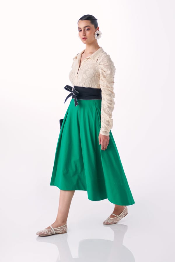 Ivory Lace Shirt and Emerald Midi Skirt Co-ord Set — Our Love