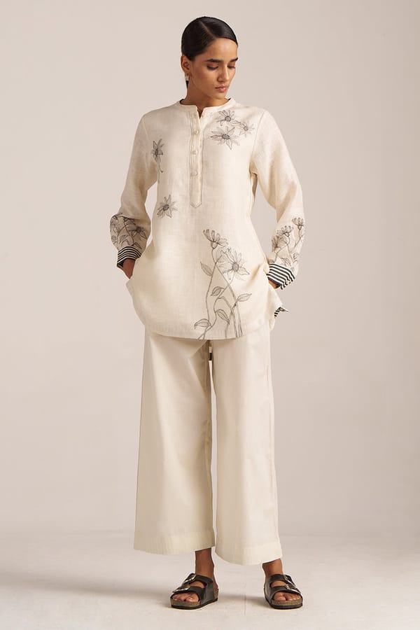Ivory and Black Linen Tunic and Wide-Leg Pants Co-ord Set — Ganga Fashions Pvt Ltd