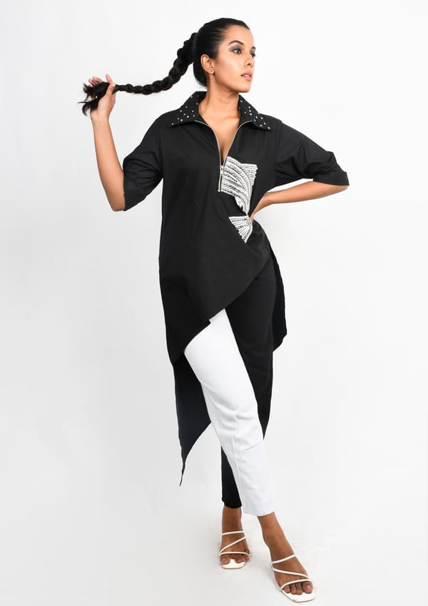 Black Asymmetrical High Low Tunic with Studded Embroidery — Richa Goenka
