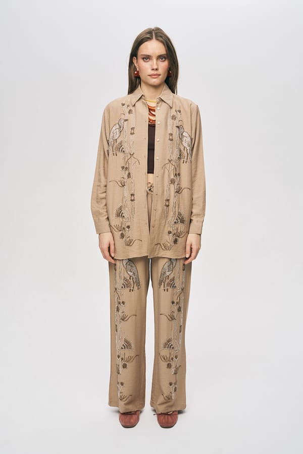 Beige Embellished Shirt and Wide-Leg Pants Co-ord Set — THE LUXURY DRESSING