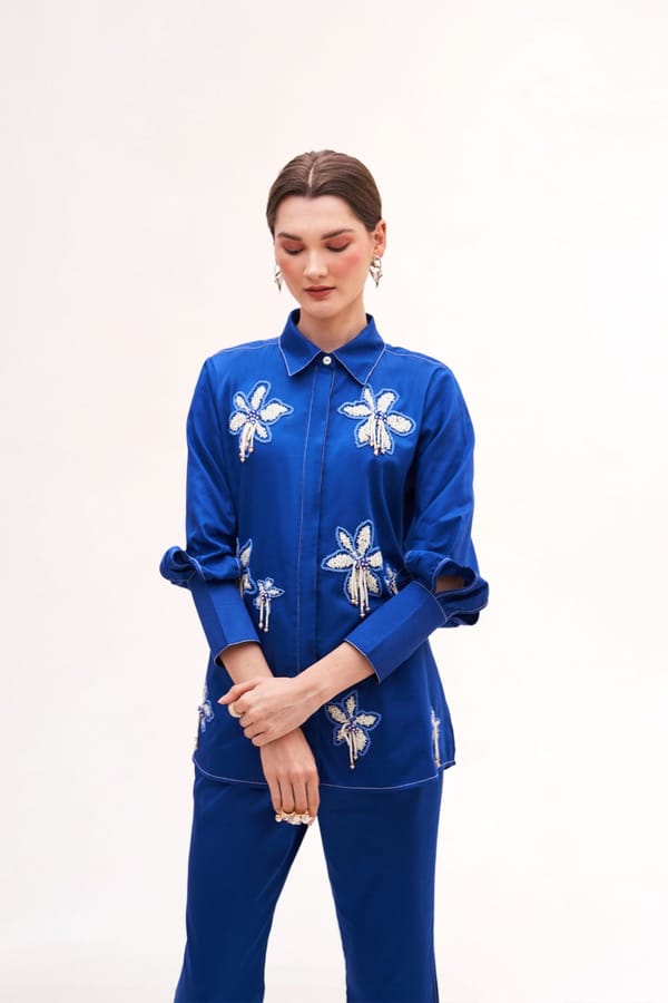 Royal Blue Cotton Satin Embroidered Longline Shirt — Our Love