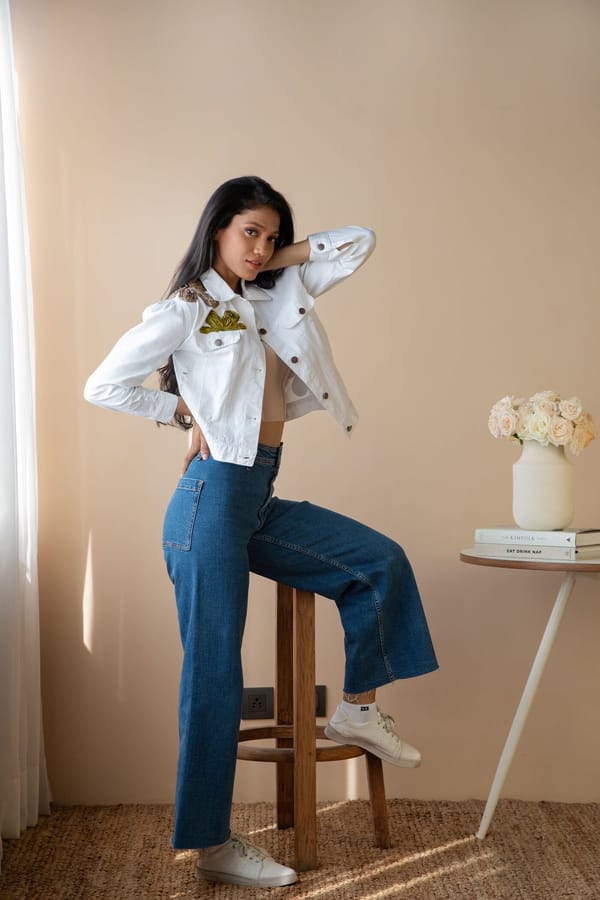 Ivory Cropped Denim Jacket with Floral Applique Back — Rhe-Ana
