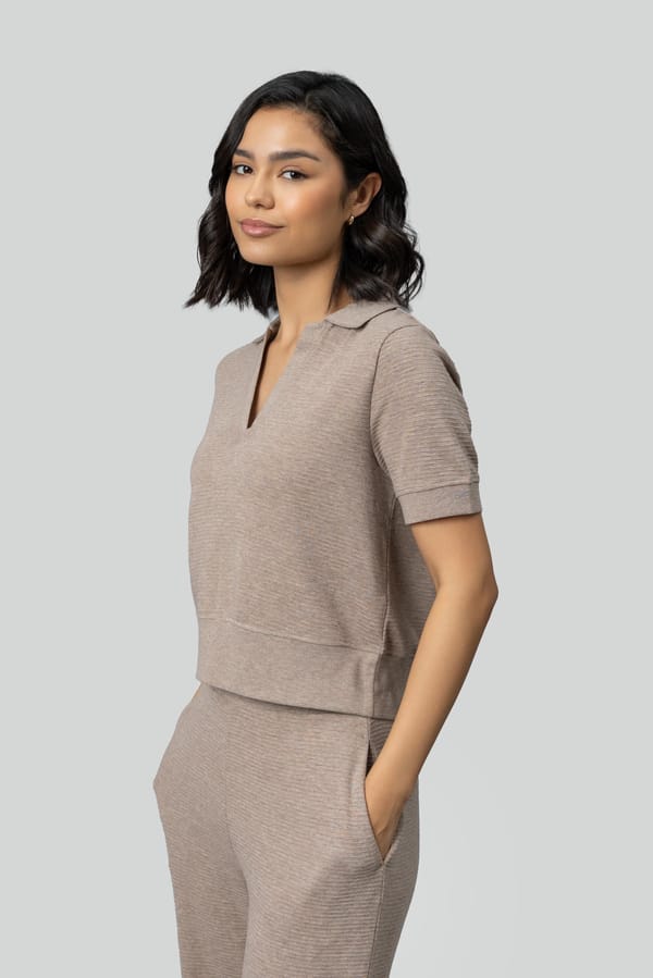 Beige Ottoman Rib Cropped Polo Top — Necesera