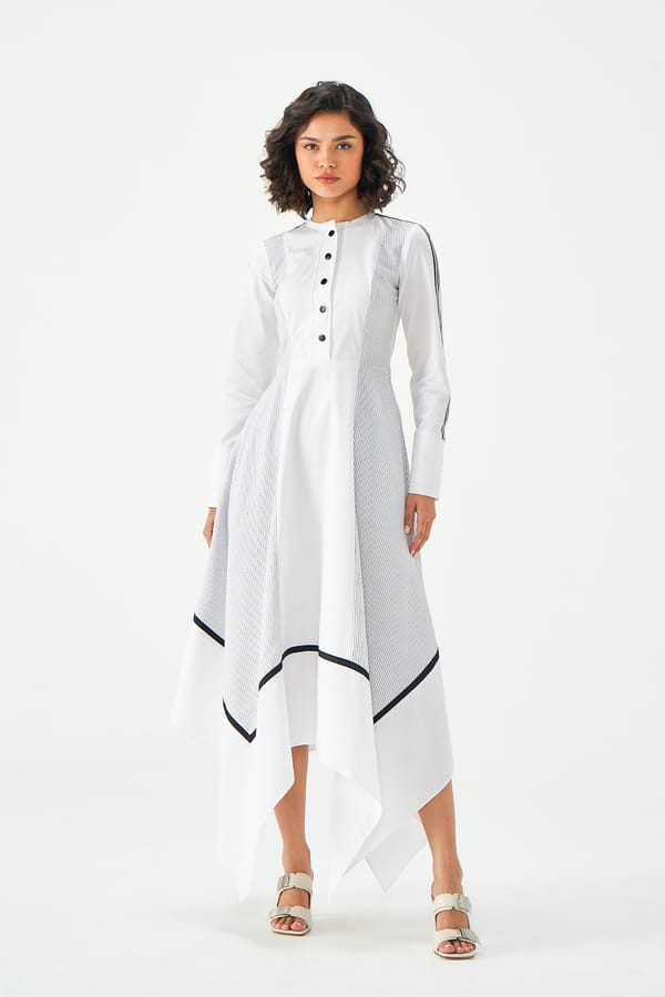 White/Black Cotton Midi Dress with Handkerchief Hem — NOTEBOOK