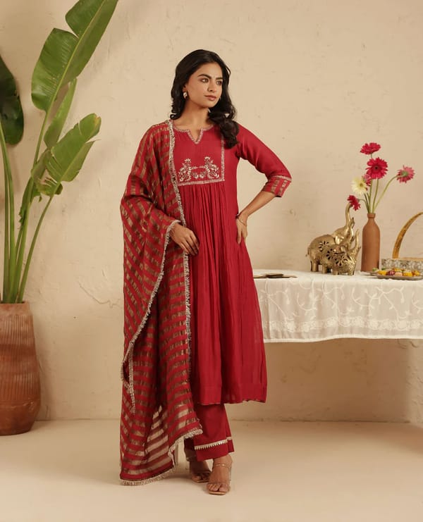 Maroon Hand Embroidered Suit with Tissue Dupatta — Gulabik