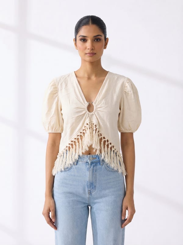 Natural Cream Ruched V-Neck Cropped Blouse with Fringe Hem — ASPRIN FASHION