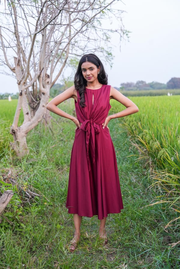 Maroon Tencel Knot Dress — EWOKE STUDIO