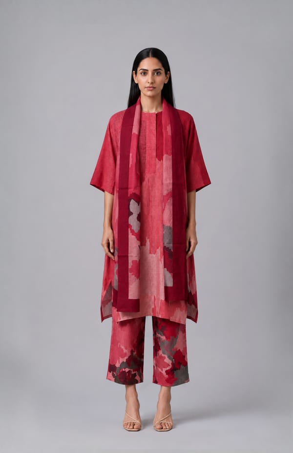 Red Abstract Print Korean Linen Kurta Set with Stole — CLOS