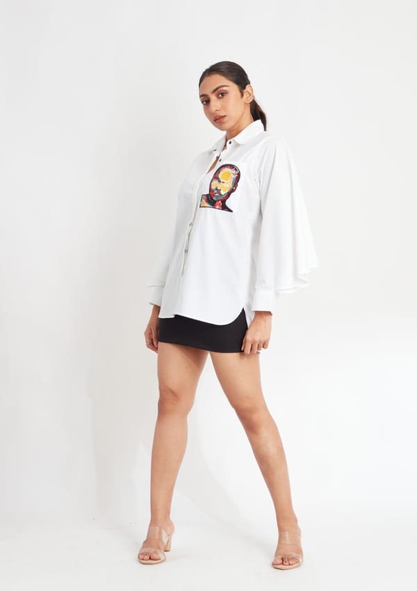White Comfort Fit Cotton Shirt with Pockets and Cape Sleeves — Richa Goenka