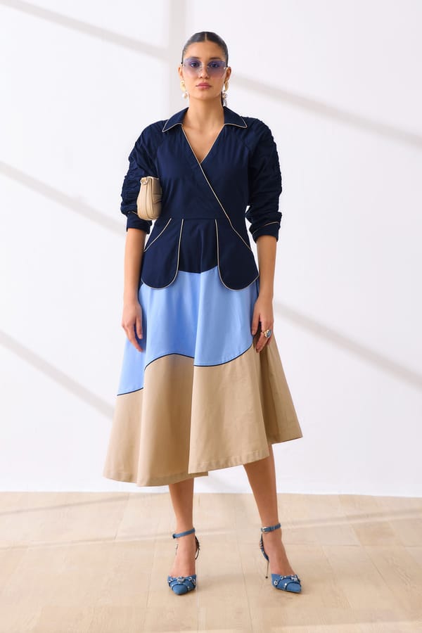 Navy, Blueberry and Ecru Colorblock A-Line Midi Dress — Our Love