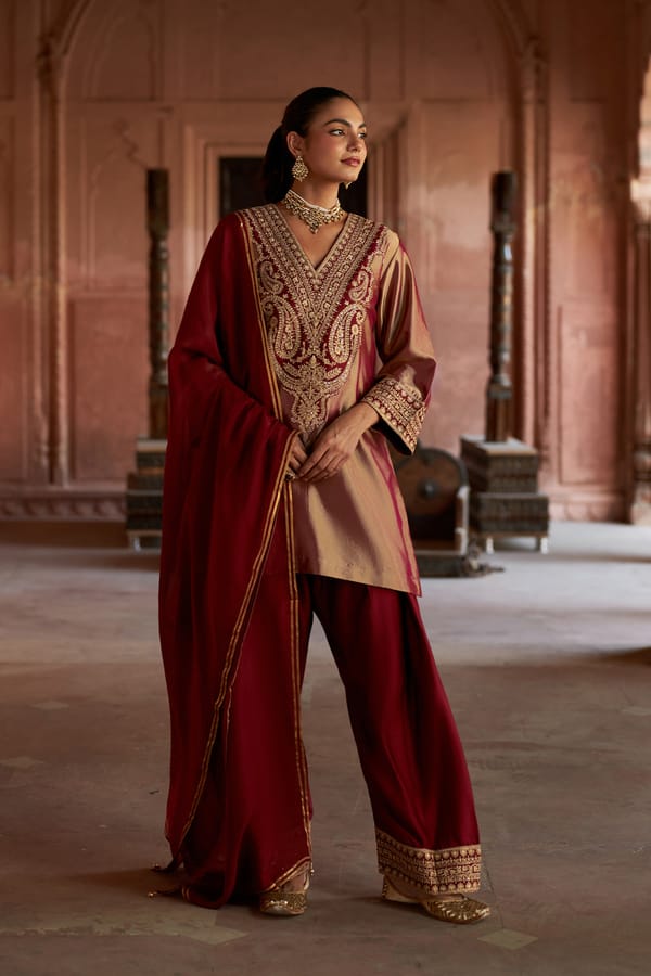 Jashn Gold Maroon Farshi Set Without Dupatta — INCHING INDIA