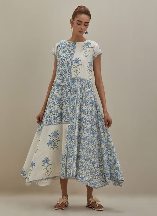 Off White Cotton A-Line Dress Block Print — Upavita