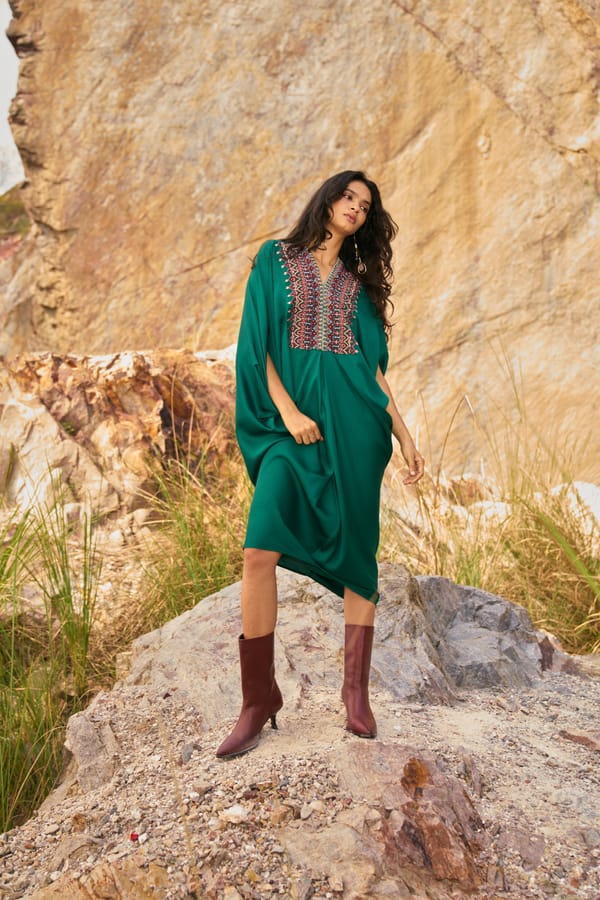Forest Green Embroidered Drape Kaftan — Dash and Dot