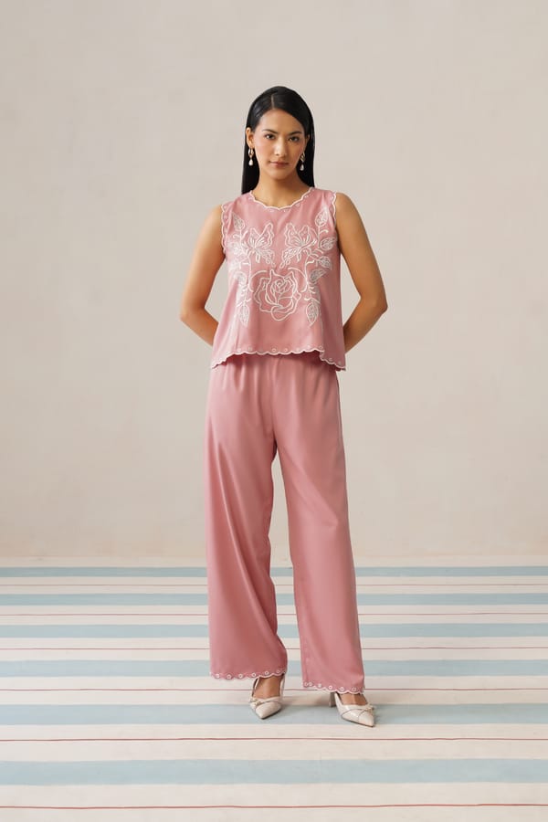 Pink Embroidered Sleeveless Top and Wide-Leg Co-ord Set — Armoire