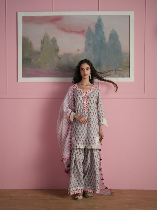 DAISY SHORT EASY FIT KURTA WITH FARSHI SALWAR & DUPATTA — TASHA INDIA