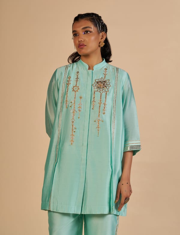 Aqua Silk Chanderi Boxy Shirt with Gota and Sequin Work — Gulabo by Abu Sandeep