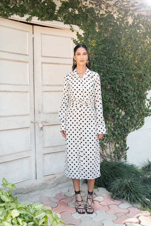 Off-White Polka Dot Knot-Waist Midi Shirt Dress — ETE CLOTHINGS