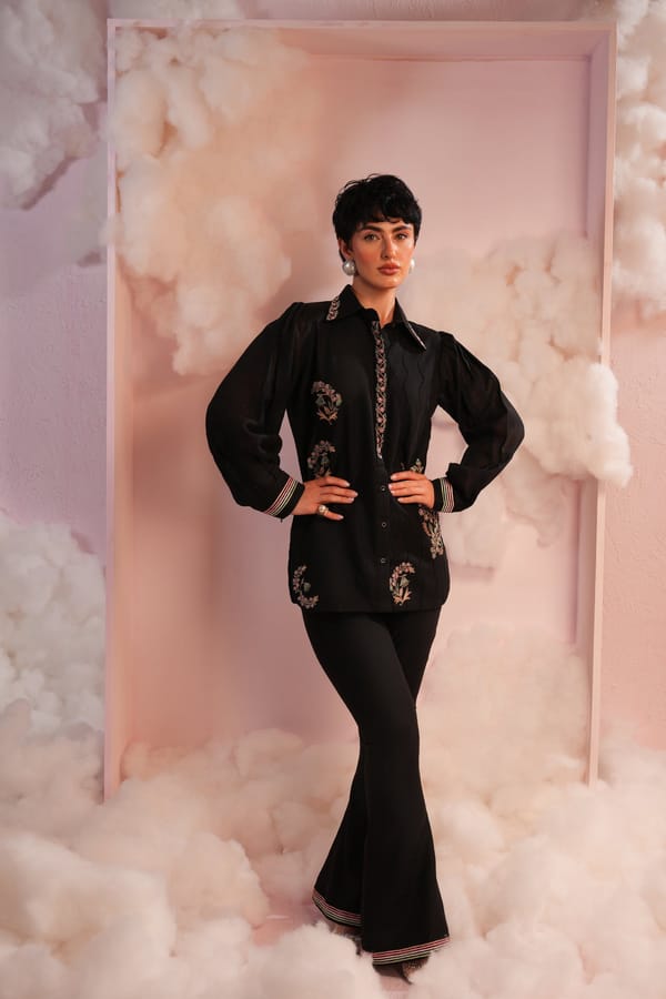 Black Embroidered Shirt and Bootcut Pants Co-ord Set — Simar Tuli