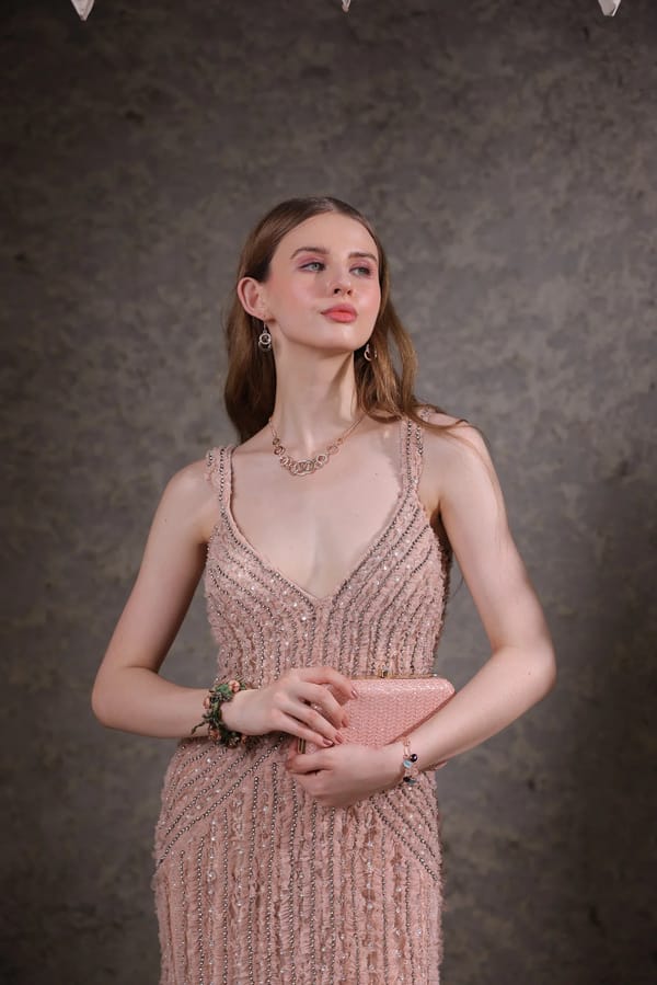 Peach Hand-Beaded Lace Maxi Gown — EDITION II