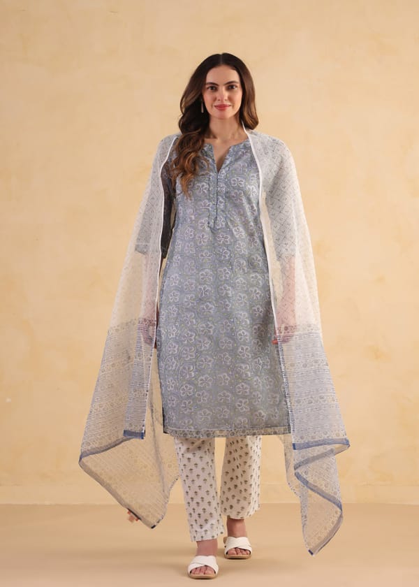 Blue White Kota Doria Floral Printed Kurta Set — Ratan Jaipur