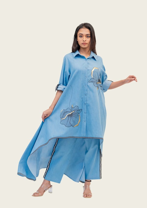 Blue Denim High-Low Tunic and Straight Pants Co-ord Set — Richa Goenka