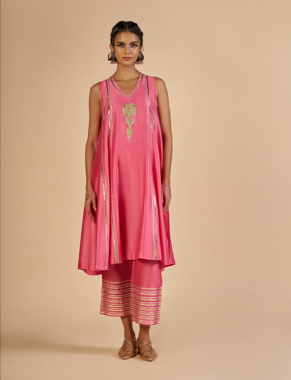 Pink Flared Silk Chanderi Kurta with Gota Detailing — Gulabo by Abu Sandeep