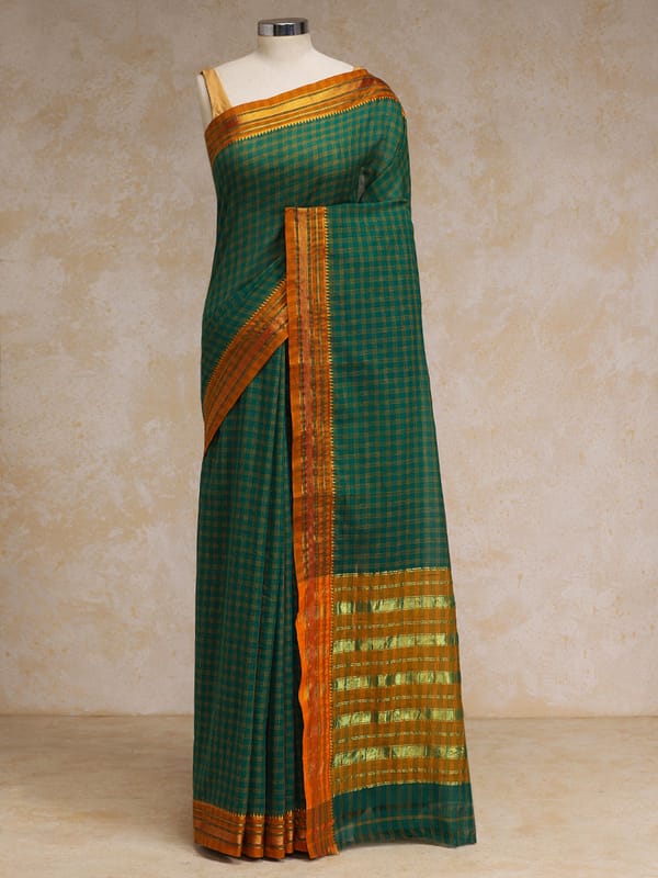 Emerald Green Check Cotton Silk Kanchi Chettinad — BINKS