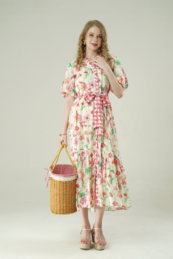 Ivory and Pink Floral Printed Muslin Tiered Midi Dress — SURABHI ARYA