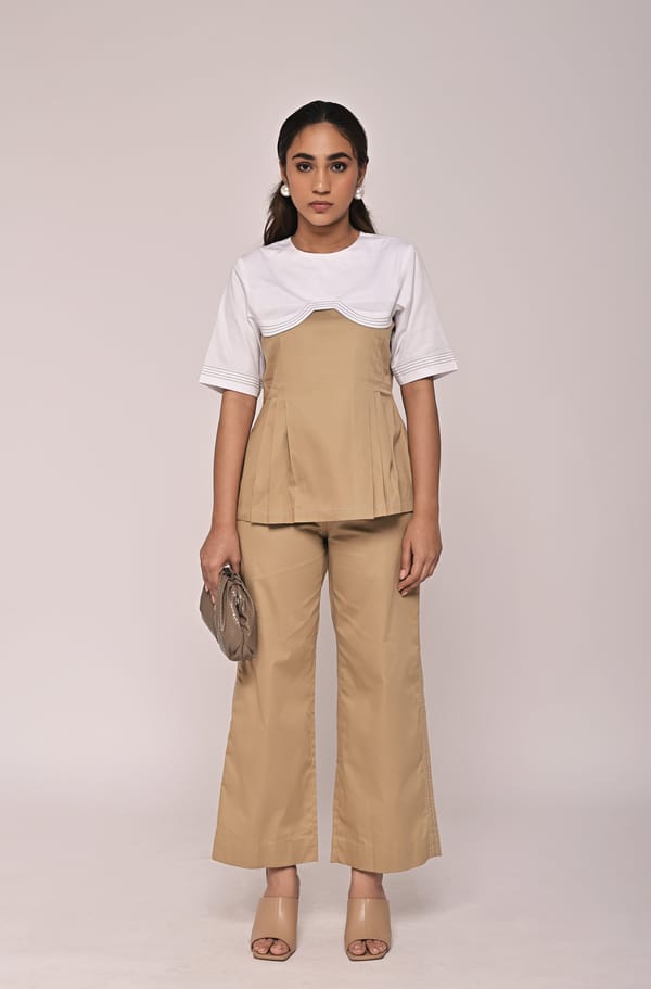 Beige and White Two-Tone Cotton Satin Co-ord Set — Escape By Aishwarya