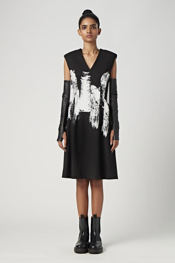 Black and White Abstract Print V-Neck Knee-Length Dress — Genes Lecoanet Hemant