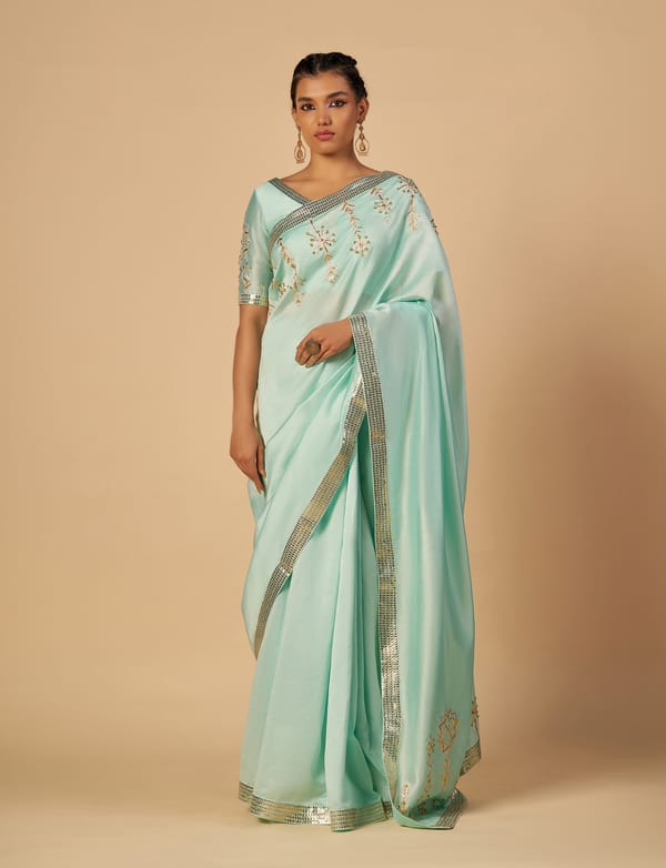 Aqua Chanderi Saree with Metallic Border and Motif Work — Gulabo by Abu Sandeep