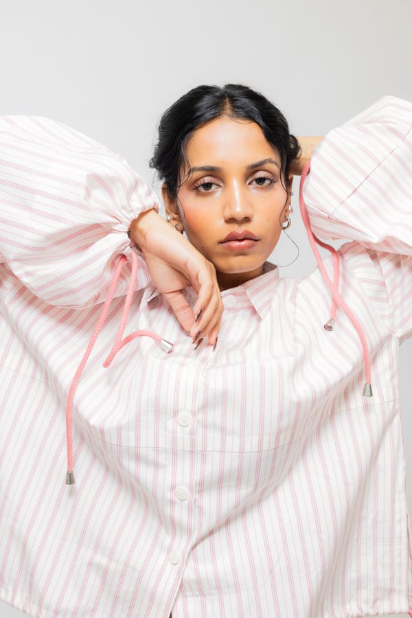 Oversized Balloon Sleeve Striped Cotton Shirt, White/Pink — Shop Staple
