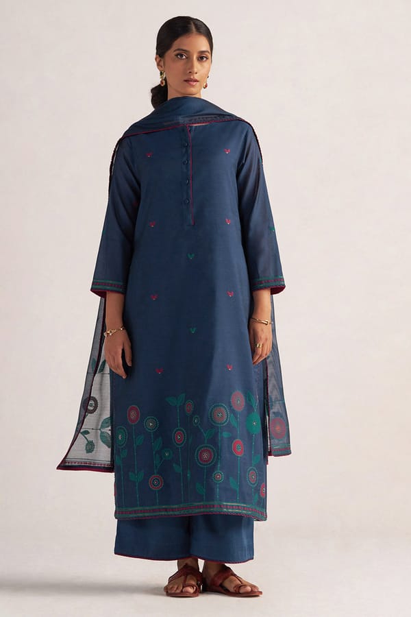 Legion Blue Woven Chanderi Straight Kurta Set with Dupatta — Ganga Fashions Pvt Ltd