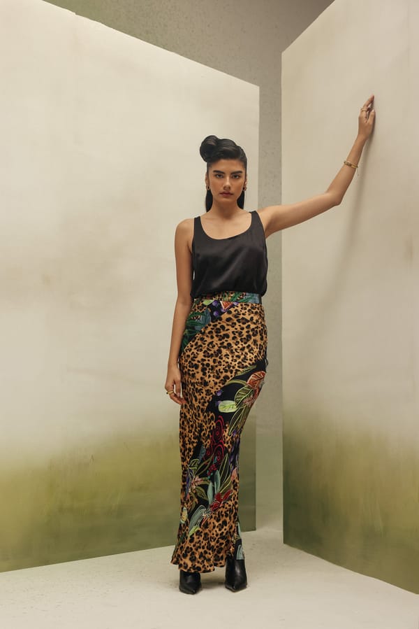 Brown Printed Bias-Cut Satin Maxi Skirt — SHOP NOIB